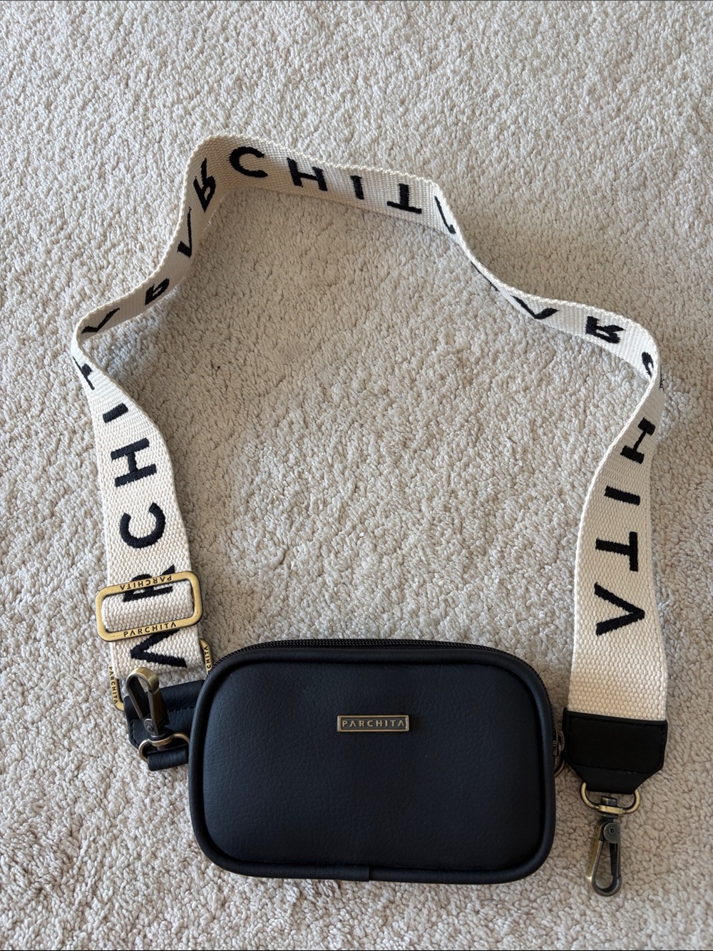 Parchita - Black Crossbody Bag with Branded White Strap-used only once.